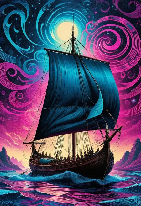 A viking ship with its distorted masts twist like (all dark hues and fine vibrant magenta glowing background, jewelry, sitting, trippy, 60s style, op art, dark blues and blacks, swirling patterns, hypnotic, art by
<lora:InkArtXL_1.2:0.4> <lora:FaeTastic:0.35> . award-winning, professional, highly detailed . extremely high-resolution details, photographic, realism pushed to extreme, fine texture, incredibly lifelike, high contrast, well defined .