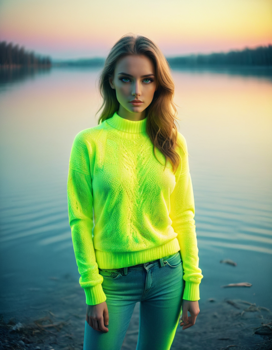 photo of female german model, a beautiful woman, perfect hair, (modern photo, Fluorescent ral-highvis Sweater, Jeans), 85mm, (analog, cinematic, film grain:1.3), (frozen lakeside:1.2), detailed eyes, (seductive pose), (epicPhoto), (looking at viewer), jewelry, (cinematic shot:1.3), ral-highvis <lora:ral-highvis-sdxl:1>
