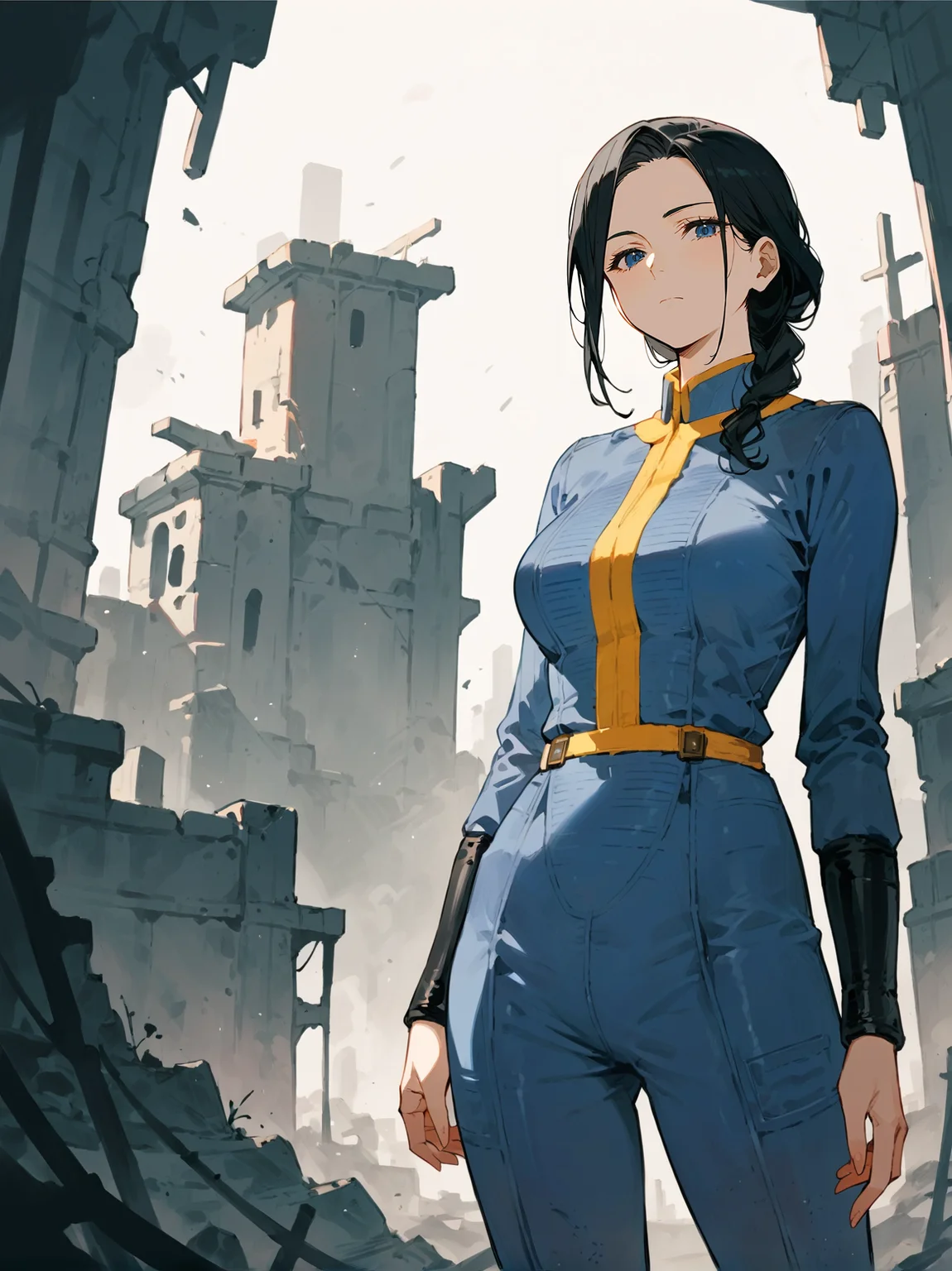 score_8_up, score_7_up, score_6_up, source_anime, 1girl, solo,
post-apocalypse, ruins, abadoned, expressionless
black hair, mature female,
blue jumpsuit, <lora:vaultjumpsuit:1>