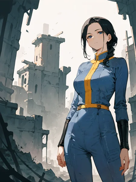 score_8_up, score_7_up, score_6_up, source_anime, 1girl, solo,
post-apocalypse, ruins, abadoned, expressionless
black hair, mature female,
blue jumpsuit, <lora:vaultjumpsuit:1>