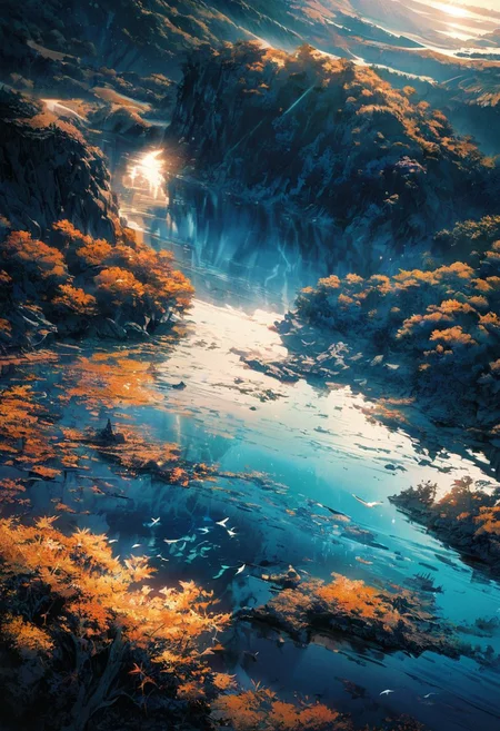 Breathtaking views, nostalgia, detailed landscape, mysterious, a miracle of nature, great lighting, Nature, autumn leaves, fall, forests, Bird watching, beautiful birds, A vast lake surrounded by forests, a beautiful vast lake, sparkling emerald blue water, Fallen trees are submerged in the water like fossils, without decaying, day, sun, sunlight, moon reflected on the water, starry sky, beautiful view, mysterious glow, beautiful clouds, depth of field, masterpiece, best quality, 8k, ultra-detailed, very aesthetic, illustration, superb composition, finest details, intricate details, absurdres, high contrast, RAW, concept art,