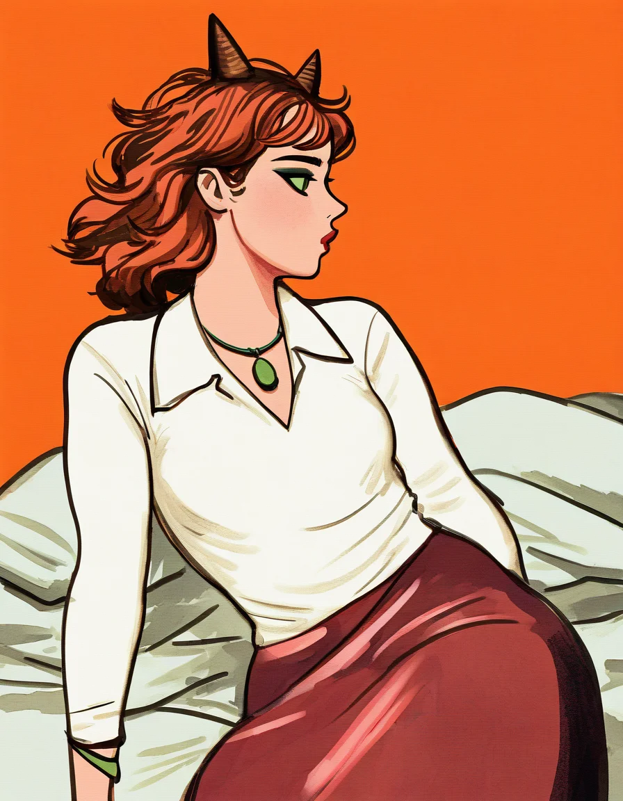 1girl,  original, portrait, sprawled on bed, medium-hair, orange-hair, green-eyes, small-breasts, collared-shirt, long-sleeves, small-horns, brown-horns, makeup, messy-hair, skirt, pendant. bracelet, from-side, masterpiece, best quality, newest, absurdres, highres