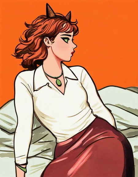 1girl, original, portrait, sprawled on bed, medium-hair, orange-hair, green-eyes, small-breasts, collared-shirt, long-sleeves, small-horns, brown-horns, makeup, messy-hair, skirt, pendant. bracelet, from-side, masterpiece, best quality, newest, absurdres, highres