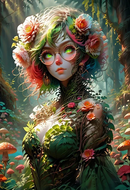 score_9, score_8_up, score_7_up, flowerdruid, rose petals, colorful roses, short intricate hair, perfect eyes, enchanted forest, twinkling lights, Mycelia, rainbow colored hair, candy hairclip, round glasses, green eyes, freckles, petite, wadufuk1, zPDXL3, mushrooms, flowerdruid