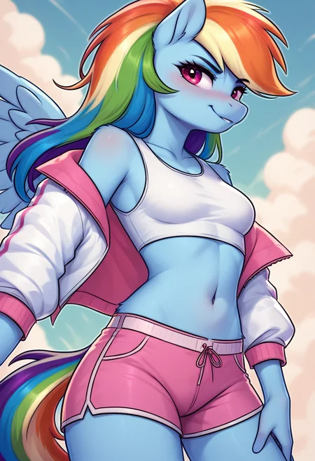 score_9, score_8_up, score_7_up, 1girl, rainbow dash, horse girl, furry, medium breasts, open jacket, crop top, white shirt, pink shorts,