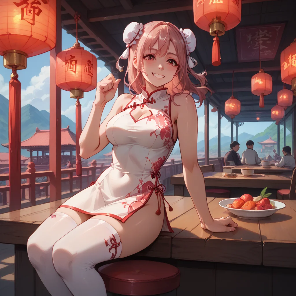 score_9, score_8_up, score_7_up, score_6_up, score_5_up, sourse_anime, zPDXL, rating_ safe BREAK,
solo, 1girl, <lora:ponyRealistic_v1-gamma:-0.4>
<lora:doahonoka:1>, honoka, one side up, pink hair, honoka, honokachina, double bun, china dress, white thighhighs, in chinese restaurant, smile, happy,, <lora:add-detail-xl:1> <lora:detail_eyes:0.5>, arms linked with someone, indicating companionship