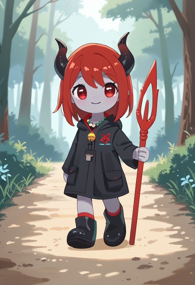 score_9, score_8_up, score_7_up, BREAK
highres, highly detailed, high resolution, high quality, 
source_anime, anime screencap, saturation, vivid colors, 
1girl, solo, luce, full body, standing, demon girl,
(dark red hair:1.2), (big dark red eyes:1.1), medium hair, cute, (grey skin:1.1), (horns:1.2), 
(long black raincoat:1.1), black rubber boots, 
pentagram necklace, holding red trident, 
pikaole, cute, bokeh,
blurry background, forest background, path