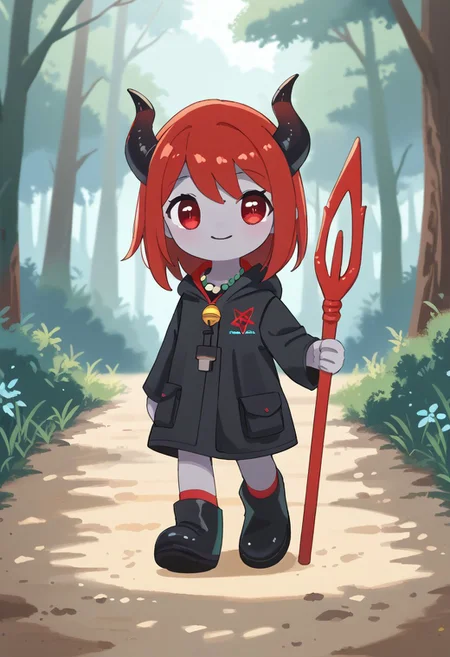 score_9, score_8_up, score_7_up, BREAK
highres, highly detailed, high resolution, high quality, 
source_anime, anime screencap, saturation, vivid colors, 
1girl, solo, luce, full body, standing, demon girl,
(dark red hair:1.2), (big dark red eyes:1.1), medium hair, cute, (grey skin:1.1), (horns:1.2), 
(long black raincoat:1.1), black rubber boots, 
pentagram necklace, holding red trident, 
pikaole, cute, bokeh,
blurry background, forest background, path