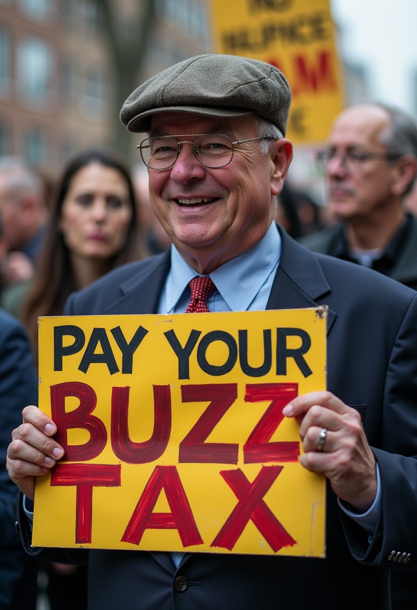 a degenerate politician holding a sign that says “PAY YOUR BUZZ TAX”