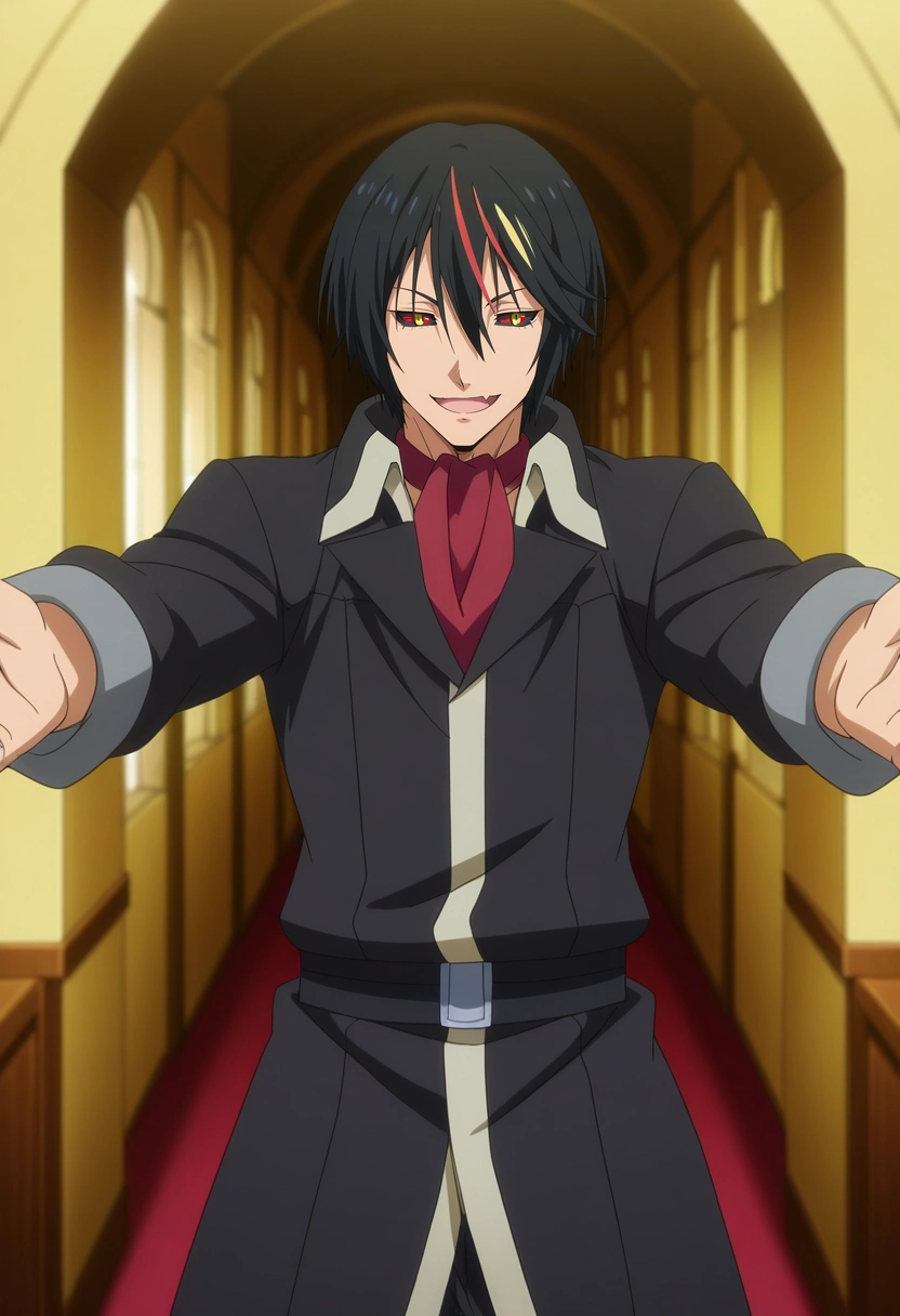 masterpiece, best quality, anime screencap, official style, anime coloring, cowboy shot, 1boy, solo, male focus, <lora:diablo_tensura_ilxl:0.96>, diablo_tensura, black hair, yellow eyes, multicolored hair, streaked hair, red hair, hair between eyes, colored sclera, black sclera, , panorama, corridor, dawn, outstretched arms, skin fang,