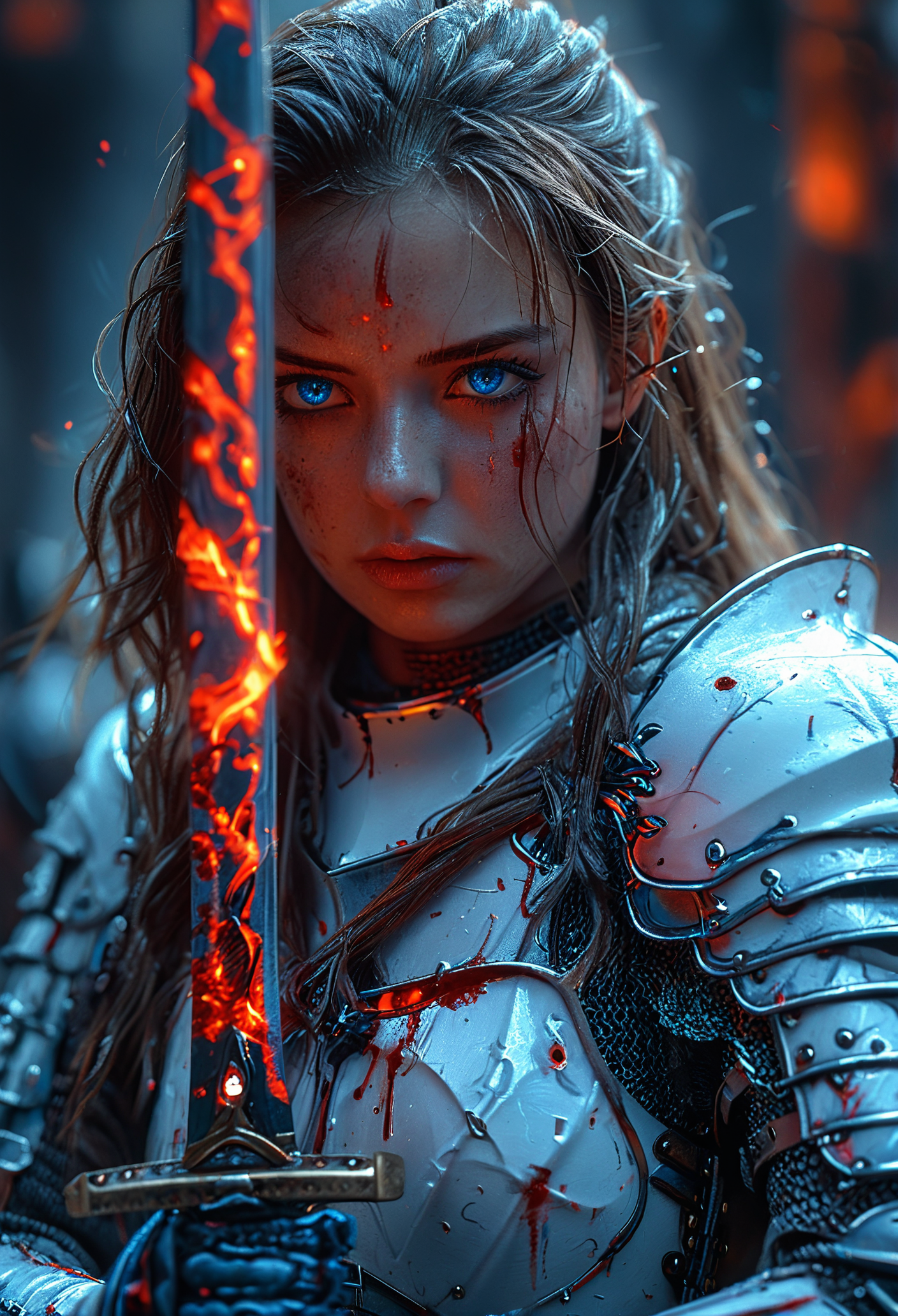 <lora:add-detail-xl:1>  <lora:HKStyle_V3:0.7> <lora:XL_Weapon_Katana_-_By_HailoKnight:0.7> hkstyle, a female knight wearing a white shining bloody armor, grim dark, long hair, holding blue glowing katana, looking at viewer, blue eyes, tired and furious, war scene, highly detailed, sharp focus,  trending on artstation, extreme quality, 8k,  <lora:MJ52:0.2>  <lora:d\EnvyZoomSliderXL01:0.5>