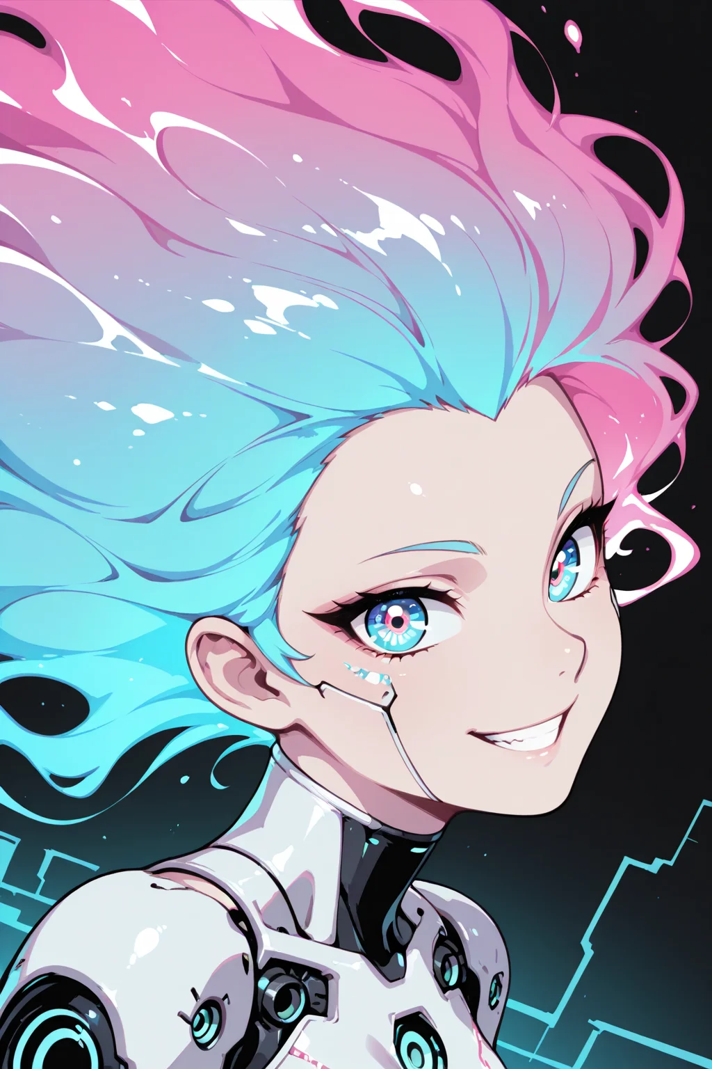 (flat colors,gradient,retro colors:1.2),sketch,abstract,dynamic angle,8K,depth of field,focused subject, 1girl,cyber woman,smiling happily,cyborg cybernetic enhancement,holographic,holofoil glitter,faint,glowing,ethereal,neon hair,glowing hair,long hair,looking at viewer,smooth brushwork,sharp edges,mechanical designs,sharp focus,face closeup,closeup to face,cyberpunk background,
,masterpiece,best quality,amazing quality