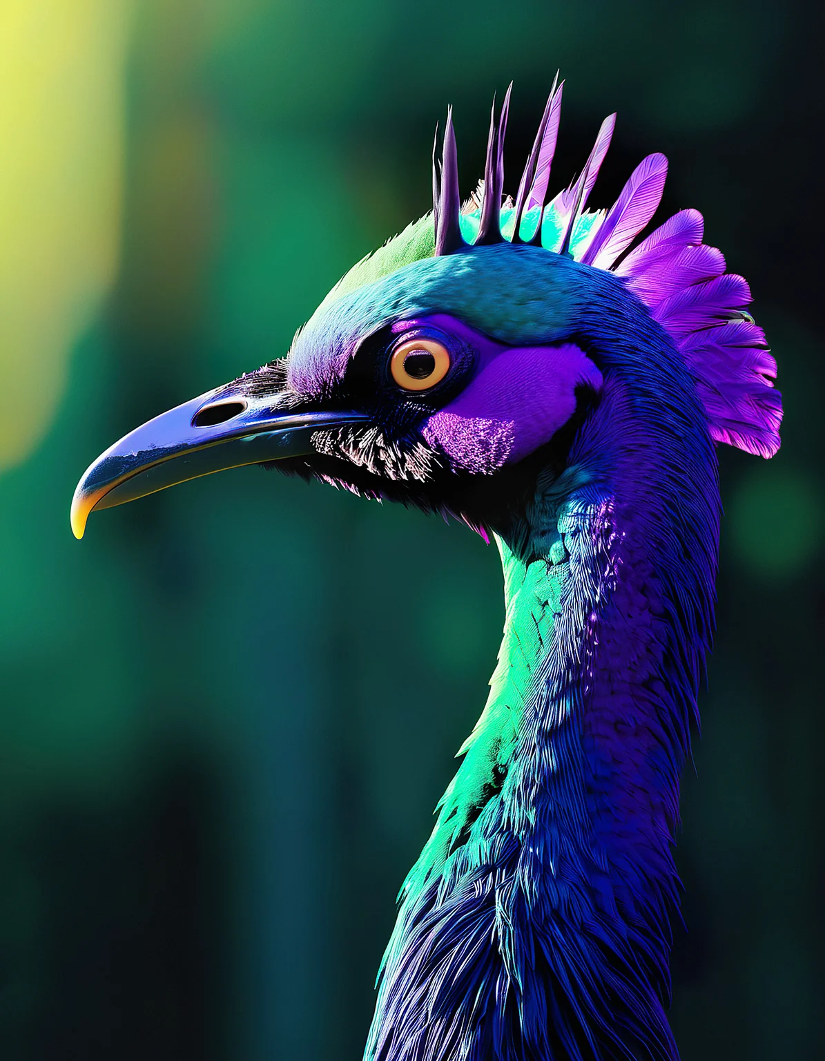backlight, morning light, majestic exotic bird head, vibrant colorful blue green purple, nature documentary 8k