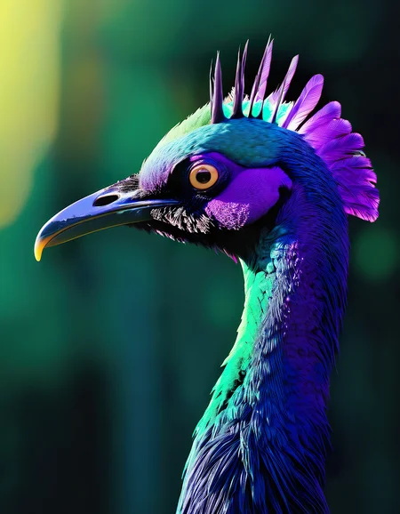 backlight, morning light, majestic exotic bird head, vibrant colorful blue green purple, nature documentary 8k