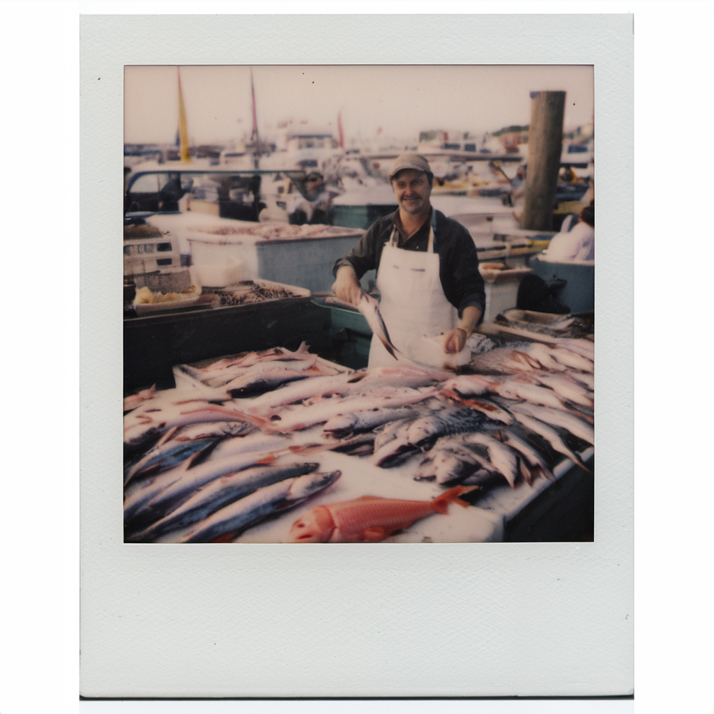 polaroid of A fishmonger displaying the day's catch at a bustling seaside market.  <lora:Polaroid_XL:1>