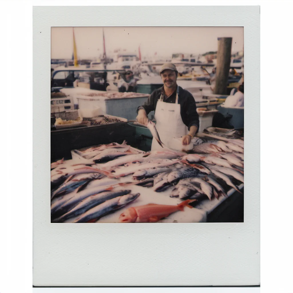 polaroid of A fishmonger displaying the day's catch at a bustling seaside market. <lora:Polaroid_XL:1>