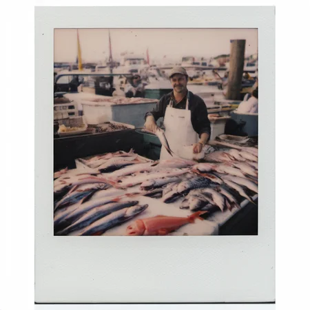 polaroid of A fishmonger displaying the day's catch at a bustling seaside market.  <lora:Polaroid_XL:1>