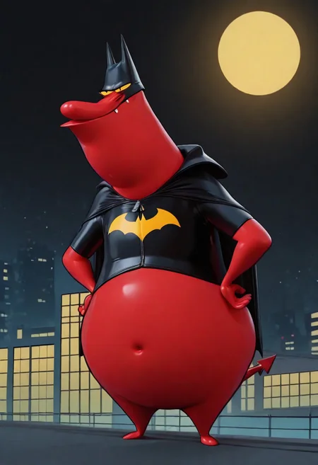Masterpiece, best quality, highly detailed, absurdres, 1boy, solo, r3dguy, d3vil, devil, UltraM40k, (pokemon) creature, red skin, tail, chubby, batman mask, black cape, yellow batman insignia on chest, cape billowing in the wind, night, standing atop a building, hands on hips, bat signal in sky, detailed background, gotham city background