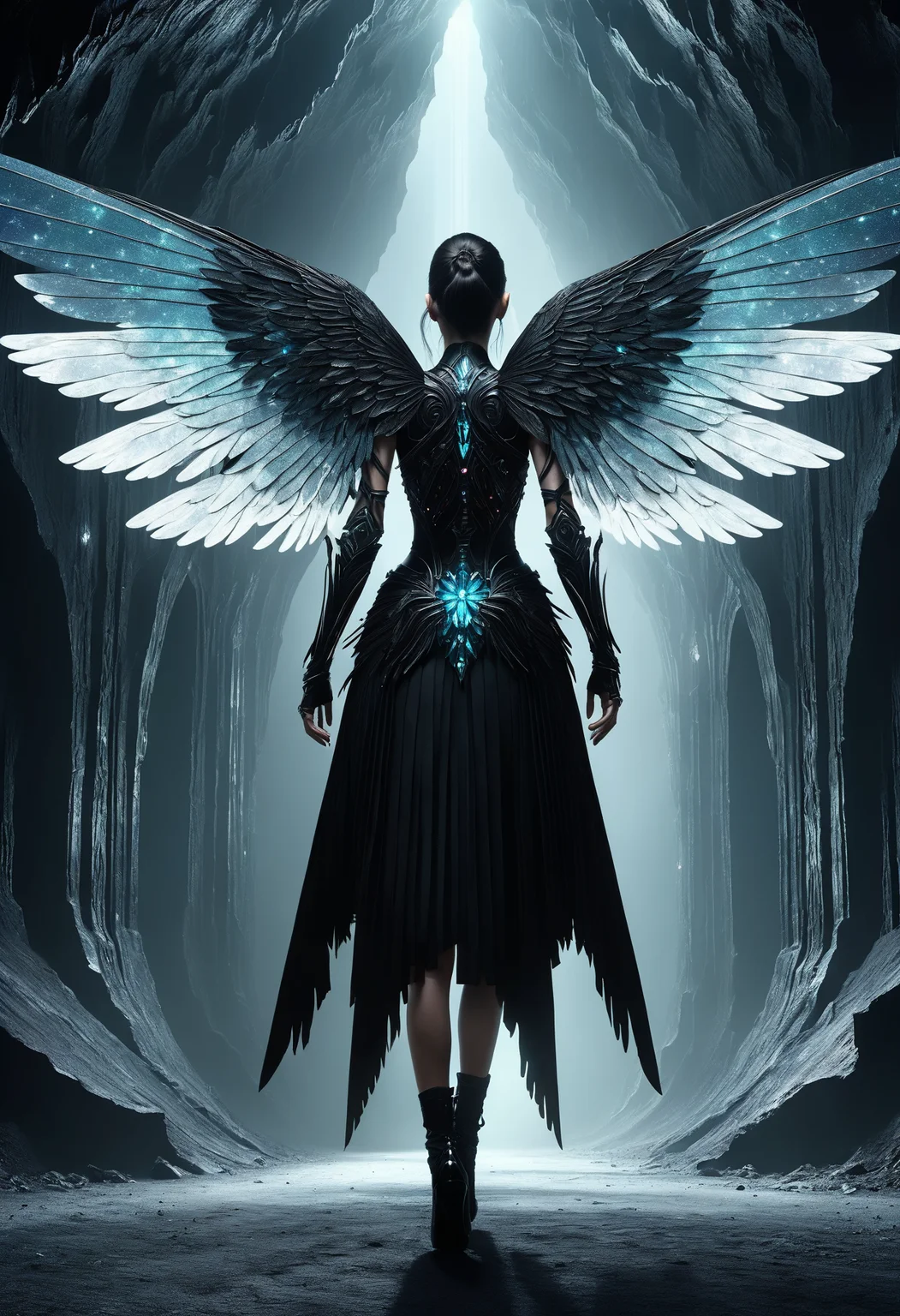 awesome quality, dynamic,DonMDr4g0nXL woman from behind,wings attached to back,skirt, (draconid:0.25) mars black nocturnal necrotic, crystal caves, elevator <lora:myLora\DonMDr4g0nXL-v2rb:1>,