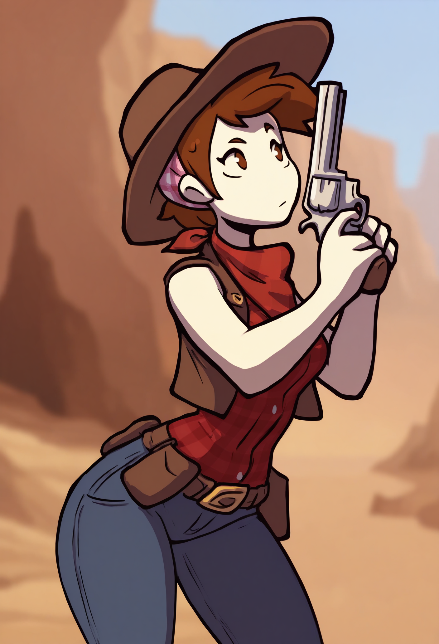 1girl, solo, brown hair, short hair, brown eyes, bandana, cow girl, jeans, vest, flannel, cow print, outdoors, canyon, blurry background, revolver, cowboy hat, 
masterpiece, best quality, <lora:deponia-guy90-Illustrious-LoraV1:1>, ainped, <lora:cooking_mama-guy90-Illust-LoraV1:1>, amaooc