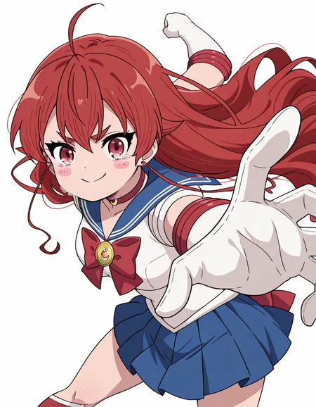 masterpiece, best quality, amazing quality,, <lora:eris-boreas-greyrat-s1-illustriousxl-lora-nochekaiser:1>, eris greyrat, ahoge, hair between eyes, long hair, red eyes, red hair, sidelocks, medium breasts, mature female, anime screencap, <lora:sailor-moon-cosplay-illustriousxl-lora-nochekaiser:1>, sailormooncosplay, sailor moon (cosplay), back bow, blue sailor collar, blue skirt, boots, bow, brooch, choker, crescent moon, elbow gloves, gloves, jewelry, knee boots, magical girl, pleated skirt, red bow, red choker, ribbon, sailor collar, sailor senshi uniform, skirt, white gloves,,, <lora:pepe-punch-illustriousxl-lora-nochekaiser:1>, pepe punch, looking at viewer, blush, smile, simple background, closed mouth, clenched fist, foreshortening, punching, incoming punch, incoming attack, tearing_up,crying_with_eyes_open,blush_stickers, , , ,
