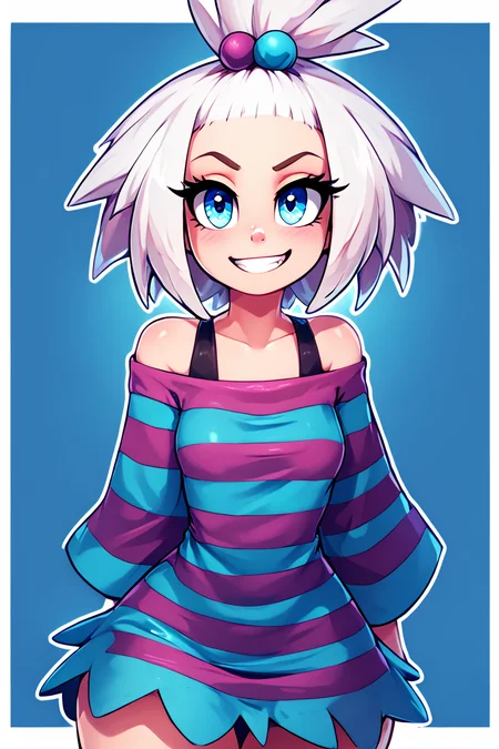 score_9, score_8_up, score_8, medium breasts, (curvy), cute, eyelashes, BREAK, , zzRoxie, blue eyes, white hair, hair bobbles, topknot, striped dress, <lora:Roxie_Pokemon_PDXL_Citron:0.8>, , BREAK, smile, looking at viewer, abstract background, white outline, cowboy shot, embedding:zPDXL, Expressiveh, <lora:theOtherHalfPDXL:0.8>, <lora:CatalystStylePDXL:0.6>, <lora:SDXLFaeTastic2400:0.5>, <lora:Expressive_H-000001:0.4>,