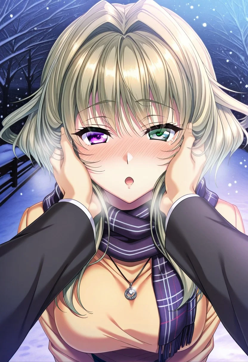 masterpiece, best quality, newest, highres, uncensored, 1girl, yokota mamoru style,1girl, slender face,motion lines,blush,torogao,looking at the viewer,seductive smile
Kanbayashi Mizuki,Blonde Yellow Hair, Intake Hair, Long Hair, Sidehair,Grey Eyes,Heterochromia, Tsurime, Violet Eyes,Medium Breasts, One Mole,Slim,Pendant Necklace
1girl,solo
1girl, blush, heterochromia, pov, short hair, solo focus, scarf, hands on another's face, snow, jewelry, purple eyes, looking at viewer, open mouth, hair intakes, :o, pov hands, out of frame, snowing, 1girl, blush, heterochromia, pov, short hair, solo focus, scarf, hands on another's face, snow, jewelry, purple eyes, looking at viewer, open mouth, hair intakes, :o, pov hands, out of frame, snowing