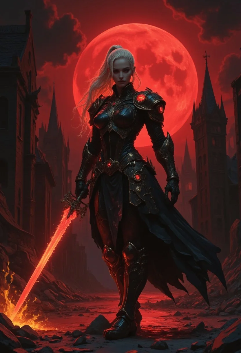 The central figure is a female warrior with pale skin and long, platinum blonde hair tied back in a high ponytail. She is clad in intricate, black armor adorned with skeletal motifs and glowing red runes. Her outfit includes high boots, a breastplate, and a skirt-like garment that drapes down to her knees. She holds a long, red sword with a glowing red blade in her right hand, ready to strike. The background features a desolate, ruined cityscape under a blood-red sky. The city is in ruins, with broken buildings, rubble, and scattered debris littering the ground. The architecture is a mix of Gothic and medieval styles, with tall, pointed spires and crumbling walls. The night sky is filled with dark, swirling clouds, and a large, full moon is visible, casting a dim light over the scene. The colors are predominantly dark reds, blacks, and grays, with splashes of orange and red from the flames and the sword. The overall mood is intense and dramatic, with a sense of impending doom and battle. The textures of the armor and the sword are highly detailed, while the background has a more abstract, chaotic feel. dark, apocalyptic fantasy style, white sphere on background