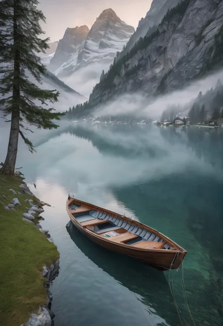 8k breathtaking view of a Boat on the waterside, Swiss alp, mountain lake, milky haze, morning lake mist, masterpiece, award-winning, professional, highly  undefined, snow, mist,  in the distance,