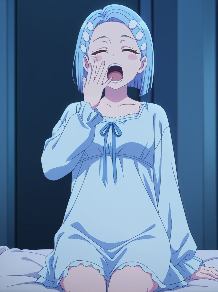 masterpiece, best quality, amazing quality, very aesthetic, absurdres, newest,  anime screenshot,  anime coloring,  <lora:KomachiAizomeBlue:1>komachiaizomeblue, blue hair, 1girl, short hair, solo, hair ornament nightgown,  on bed yawning,