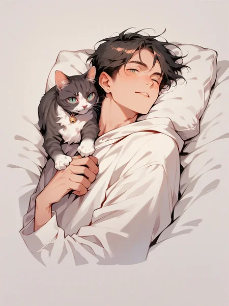 score_9, score_8_up, score_7_up, score_6_up, <lora:p3tl0v3XLP:1> p3tl0v3, 1boy, cat, lying,