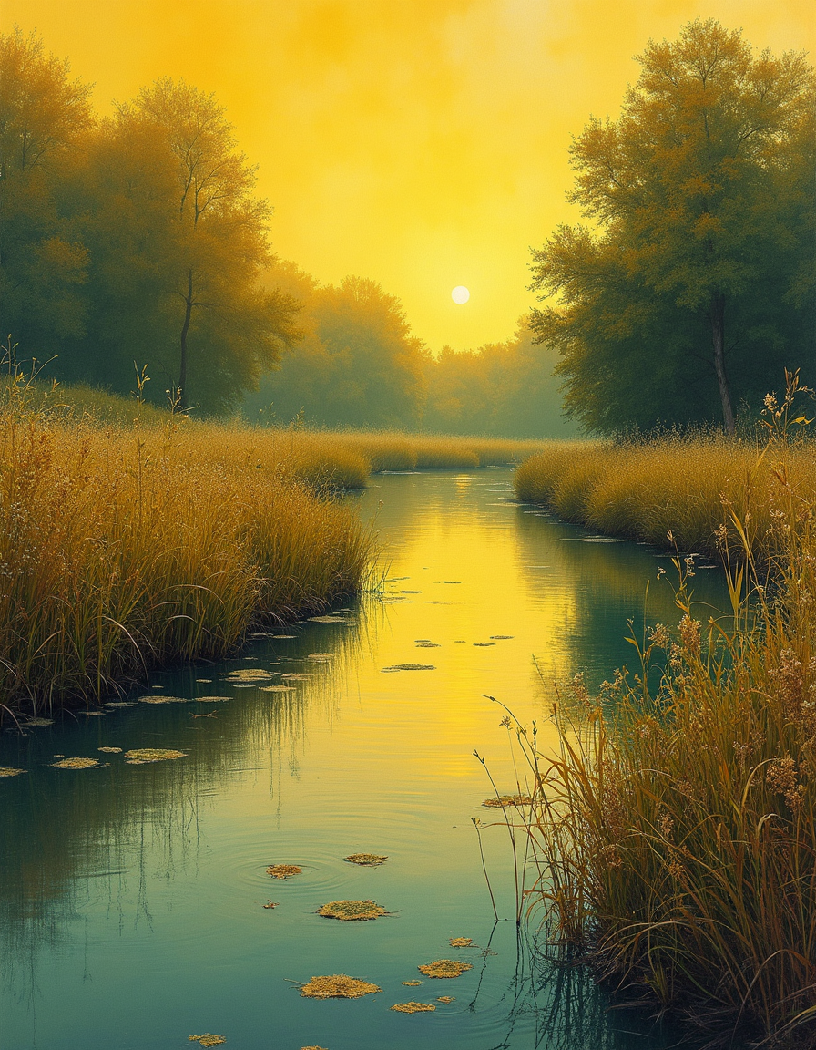 scene art by Norman Cornish and Barry Windsor Smith, A serene pond is filled by weeds growing in its path. As the water swirl grows deeper with every passing moment. This tranquil and melancholic atmosphere is captured in vibrant shades of yellow as raindrops fly lapping against shore, sending ripples through every direction of life beyond your feet below a deep shade to drink it into a new day of beauty: time flits from horizon, to skyscrapers rising up as rumbleing winds whip the colors. The landscape transformed by delicate pastel patterns of rustened canyon hue blend effortlessly into each other. Painfully-textured surfaces blend seamlessly into mosgous desert foliage transforming the scene by an intricate oil surfer. , best, extremely stylish, sublime, epic, complex, contemporary art, figurative painting, provocative and satirical, exploration of beauty and desire, avant-garde photography, portrait photography, experimental compositions