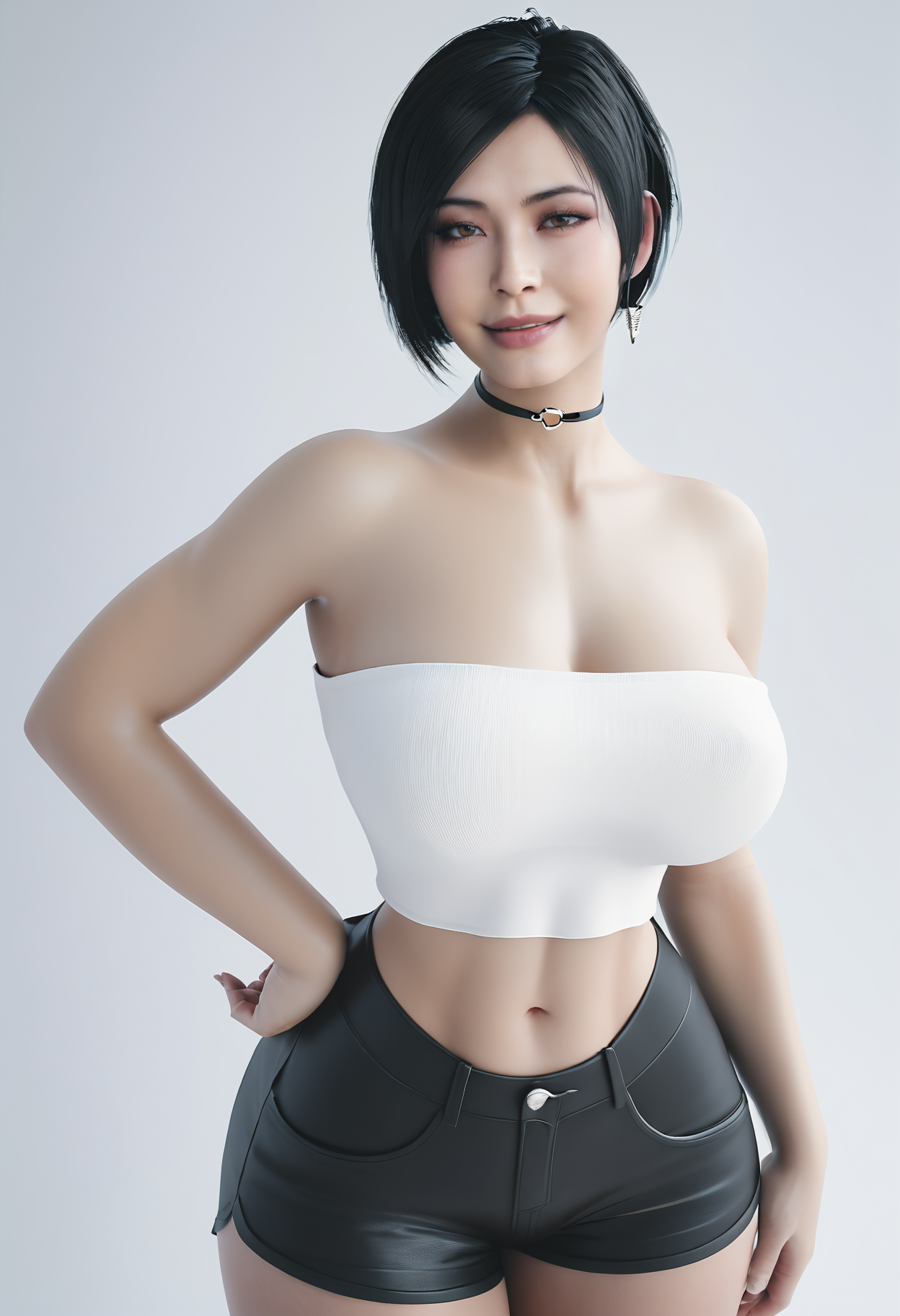 score_9, score_8_up, score_7_up, realistic,
1girl,solo,
standing, hand on own hip,
looking at viewer, light smile, half-closed eyes,
Ada_Wong_StevenCarson_SKNSFW, short hair, black hair, brown eyes, 
large breasts, thick thighs,
choker, earrings,
white crop top, strapless, bare shoulders,
short shorts,
white background, simple background,
 <lora:Ada_Wong_StevenCarson_SKNSFW:1>
