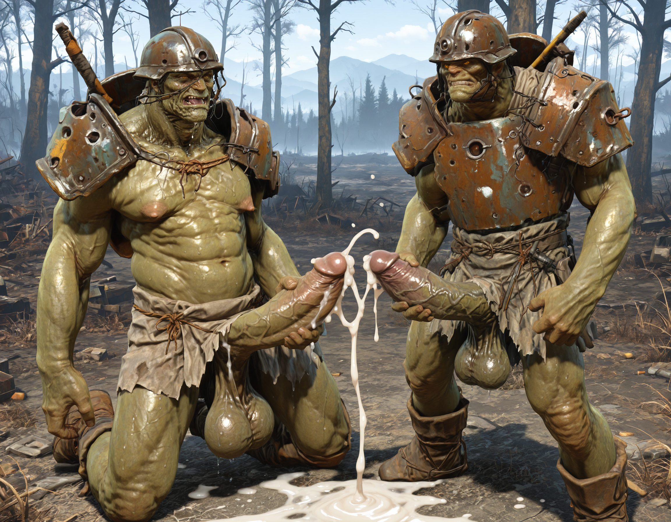 anime, masterpiece, best quality, amazing quality, male, males only, male focus, nude, male, green skin, super mutant, bold, yellow eyes, helmet, shoulder armor, loincloth, boot ( muscular, puffy nipples), ( veiny penis, big balls, saggy balls)1.1 (abandoned forest, horny, sweat, sweaty, male focus,, masturbation (simultaneous cumshot), shooting projectile cum to another's penis, orgasm, dripping cum, overwhelming