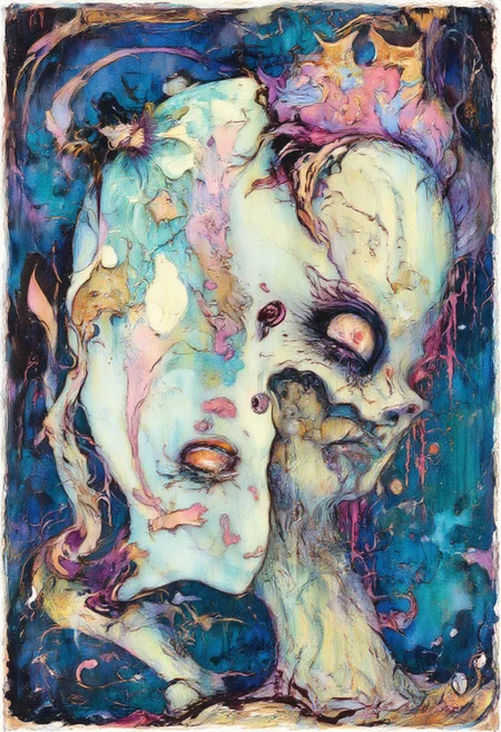 A highly detailed illustration of a zombie geisha in a hauntingly eerie scene. The geisha is holding a delicate, porcelain mask in front of her face. The mask is painted with the flawless features of a beautiful woman, smooth white skin, bright red lips, and soft, rosy cheeks, capturing the elegance of a traditional geisha. However, just behind the mask, you can clearly see the true, terrifying visage of the zombie geisha: her rotting, decayed face. Half of her real face is visible to the side of the mask, with hollow, sunken eyes, patches of decomposing flesh hanging from her bones, and jagged, broken teeth exposed in a half-snarl.
white colors, cyan colors, green colors, little of black colors, very little of pink colors
