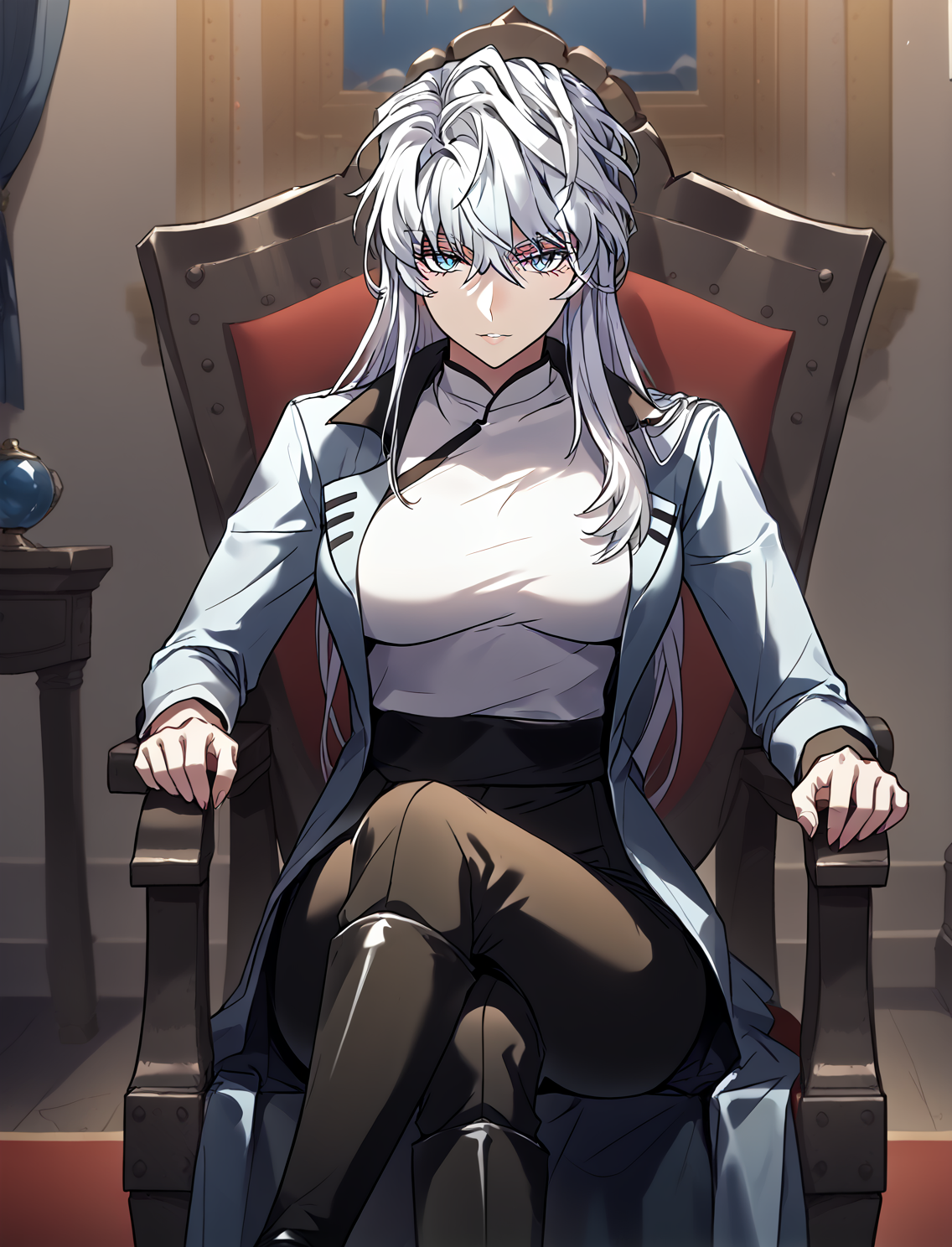 <lora:Icarus:1>
white hair, long hair, loose hair, blue eyes, black pants <lora:!action-sdxl-V0.5:1>
(Anime_source),Masterpiece,(perfect female body:1.2), small waist,(incredibly detailed:1.4), slim, beautiful fingers, beautiful white skin, Beautiful clear skin, (large breasts:1.4) thick thighs, parted lips, looking at viewer, big breasts, ass, perfect ass,  1girl, sitting on throne, crossed legs, castle room background  <lora:light:1>