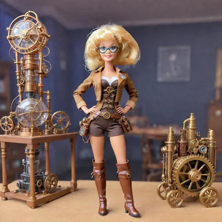 full body shot, <lora:Barbie_Doll_SDXL:1> Barbie as steampunk inventor, goggles, boots