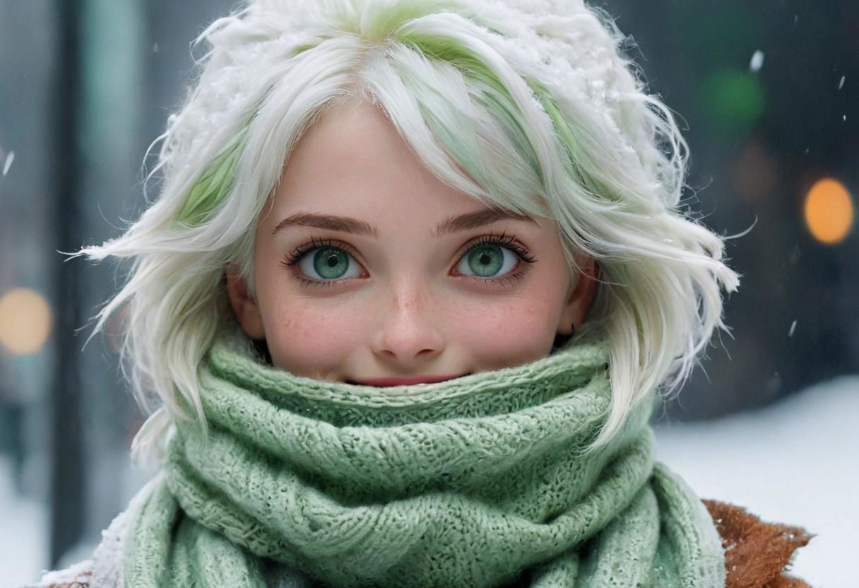 Only eyes visible, Face behind wooly scarf, Petite White haired Woman in snow, Freckles, face Closeup, face Hidden behind Pastell green Striped wooly scarf, only blushed flirting smiling eyes visible
very Detailed, awesome Quality, reflecting, luminescent, translucent, Ethereal, Aura, 80s DARK dystopian Blade Runner Flair, very detailed, uhd, masterpiece, White smoke, light beams through smoke,