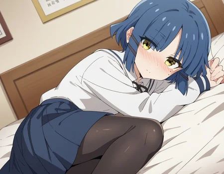 score_9, score_8_up, score_7_up, source_anime,
ryouyamada, <lora:ryou-yamada-s1-ponyxl-lora-nochekaiser:1>,
ryou yamada, blue hair, eyes visible through hair, mole, mole under eye, short hair, yellow eyes, hairclips,
black pantyhose, black ribbon, blue skirt, long sleeves, pantyhose, ribbon, school uniform, shimokitazawa high school uniform, shirt, skirt, white shirt,
indoors, bed, bed room, on side, blush, drunk,
cowboy shot, solo, dutch angle, looking at viewer,