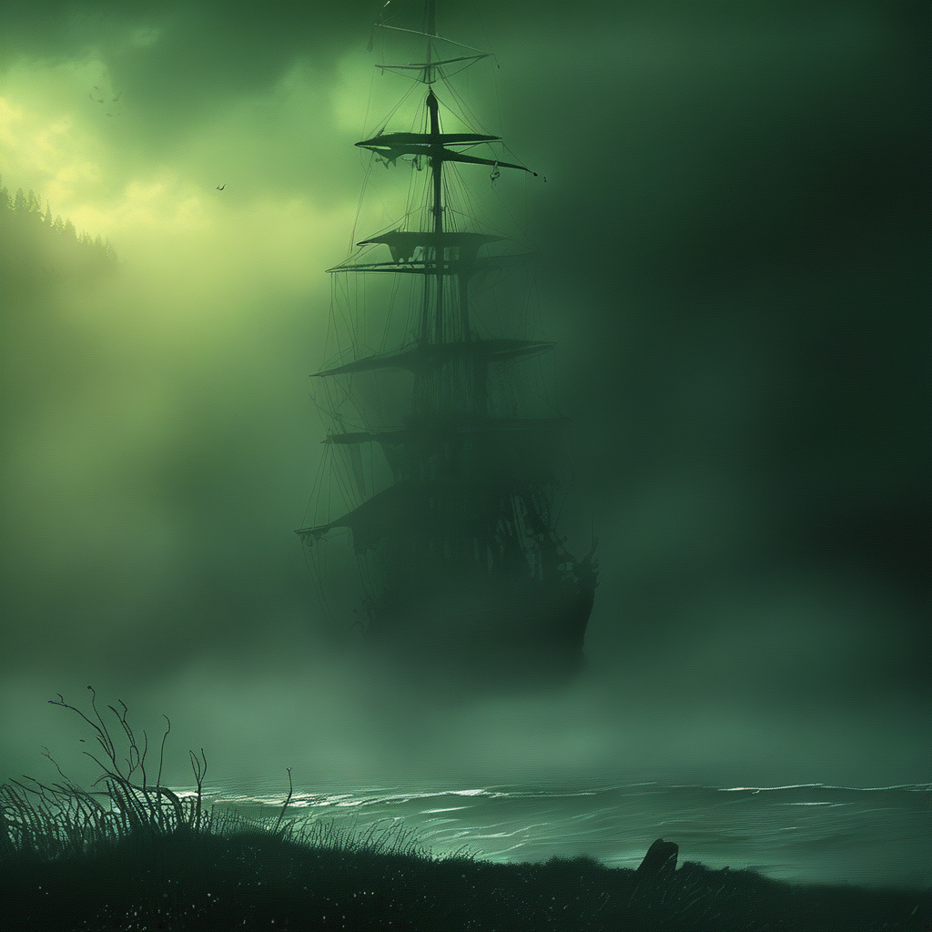 A pirate ship is hidden in the fog, surrounded by tall grass and misty swamp. The scene captures an eerie atmosphere with dark green tones. A ghostly figure floats above the deck of another large sailing vessel visible through the dense smoke. In the background, there's an ominous silhouette of trees. This concept art style evokes horror and suspense. <lora:ArsMorph_-_World_of_Green_MistPony:1>