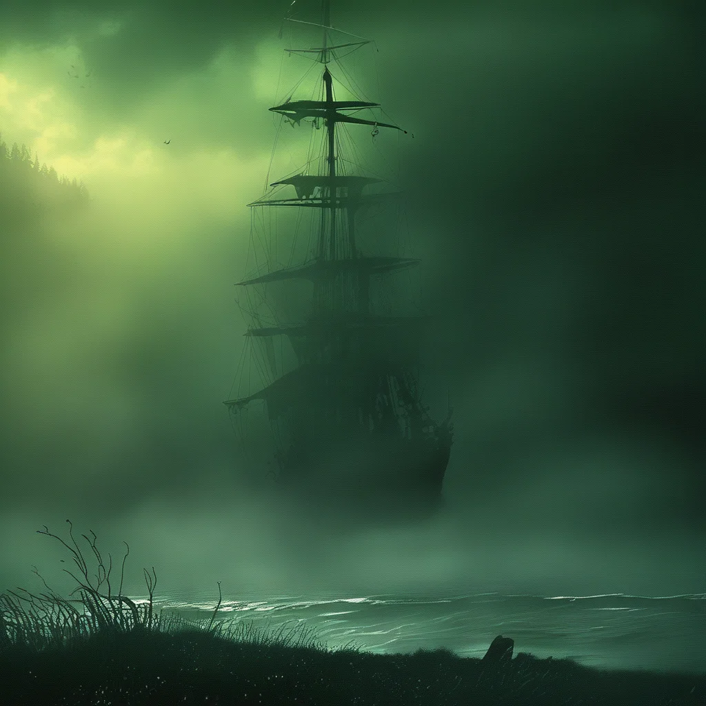 A pirate ship is hidden in the fog, surrounded by tall grass and misty swamp. The scene captures an eerie atmosphere with dark green tones. A ghostly figure floats above the deck of another large sailing vessel visible through the dense smoke. In the background, there's an ominous silhouette of trees. This concept art style evokes horror and suspense. <lora:ArsMorph_-_World_of_Green_MistPony:1>