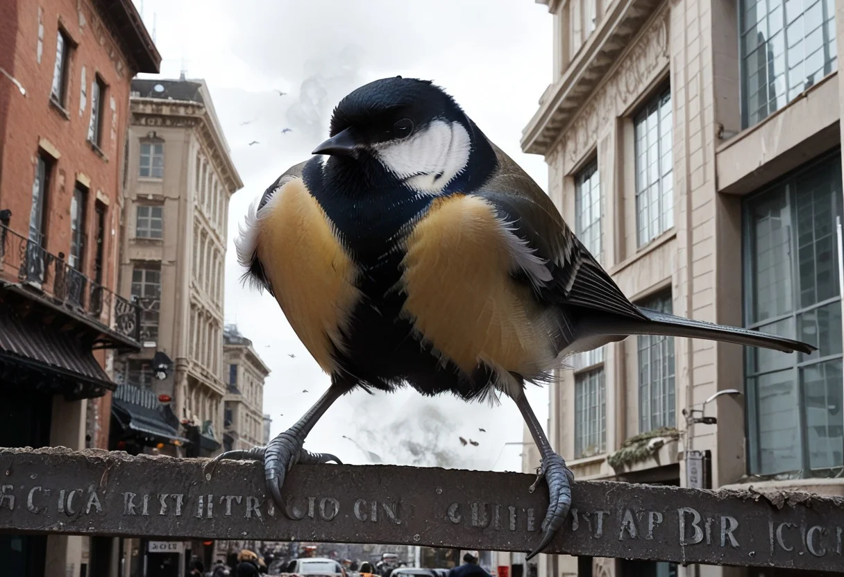 score_9, score_8_up, score_7_up, score_6_up, score_5_up, score_4_up, rating_safe,source_photorealistic,upper body,1bird,a gaint tit rampaging throughout a burning city,buildings,skyscraper,giant bird,size difference