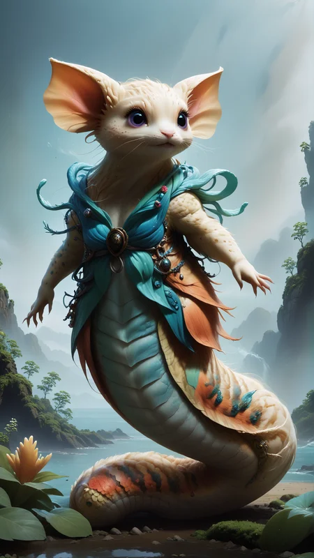 score_9, score_8_up, score_7_up, score_6_up, <lora:NagaPDXL:1>naga, full body, creature, natural blonde twist-out in location: misty mountain, environment