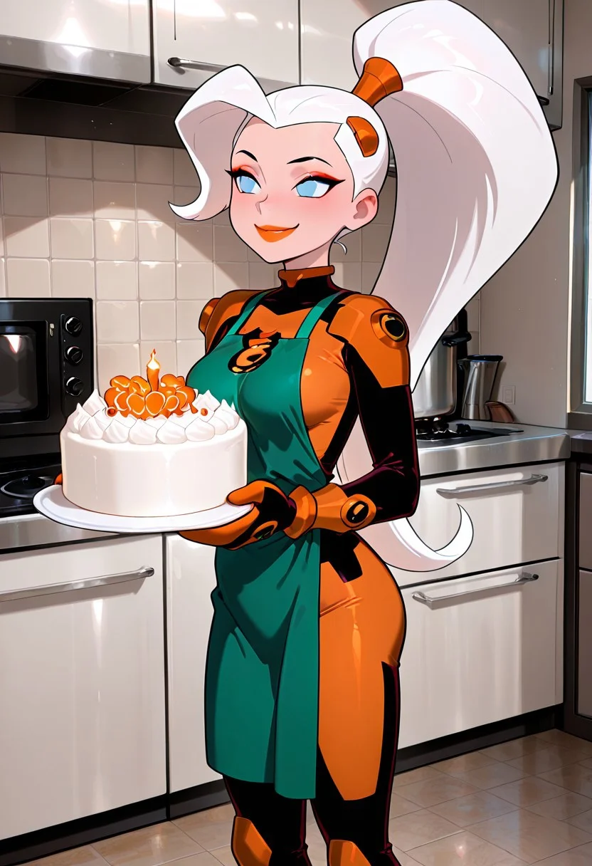 masterpiece, best quality, amazing quality, very aesthetic, absurdres, newest, ((screencap, parody, cartoon))
drewsat, 1girl, long hair, white hair, ponytail, blue eyes, makeup, lipstick, eyeshadow, 
armor,, orange bodysuit
expressive face, 
green apron, holding wedding cake, mittens, kitchen, oven, messy kitchen, smile,