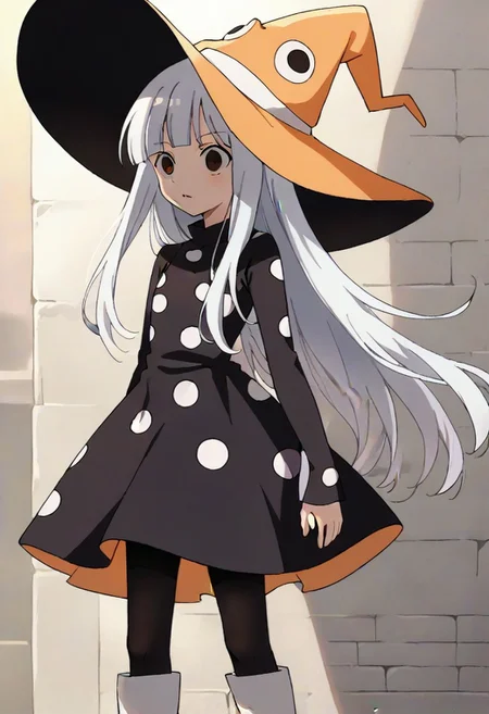 source_anime, anime, (vivid colors, bright colors:1.1),, adult, white hair,long hair,bangs,orange hat, thin hat, witch hat, black dress,black pantyhose,white boots,polka dots,polka dot dress, <lora:Eureka_Frog_v10:1>,