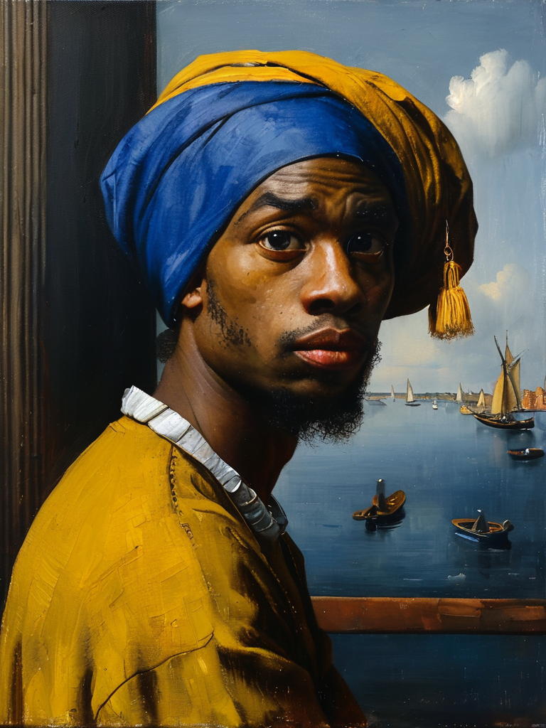 masterpiece,best quality,<lora:tbh122-sdxl:0.9>,portrait of man,oil painting,style of Jan Vermeer,black people
