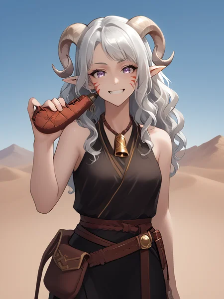 source_furry, score_7_up, rating_safe, source_anime, anime face, <lora:whisker_markings:0.8>red whisker_markings, silver long wavy hair, bell necklace, short pointy ears, purple eyes, <lora:age_slider_v4:0.6>
waterskin:1.5, on wrist:1.4, belt, holding waterskin by one hand:1.5, water drop,
<lora:Smooth Style 2 SDXL_LoRA_Pony Diffusion V6 XL:0.4> smile, open eyes, <lora:Test_Diana:0.8> tiefling_bard_diana:1.2, <lora:INKxXmo shaded face:0.5> Shaded FaceINKxXmo Dark Theme,
<lora:waterskin:1.8> desert,
