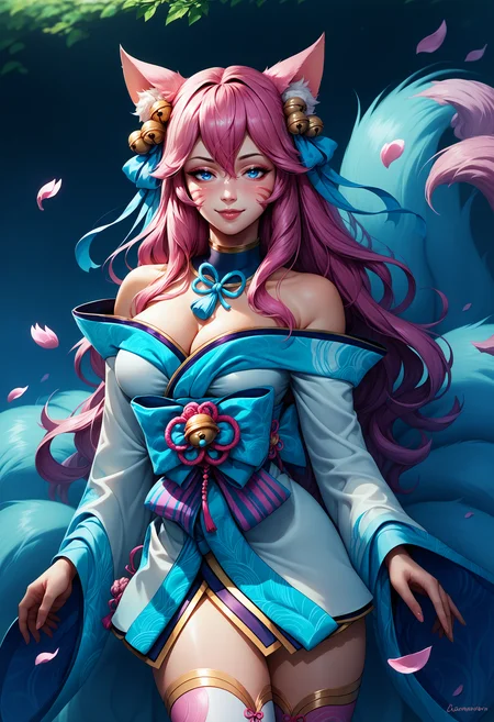 score_9, score_8_up, score_7_up, 1girl, ahriSprtBlsm, animal ears, animal ear fluff, facial mark, fox tail, multiple tails, long hair, hair between eyes, pink hair, blue eyes, large breasts, hair ribbon, hair ornament, hair bell, japanese clothes, kimono, petals, bare shoulders, cleavage, bow, gradient thighhighs, <lora:AhriAllInOne_pdxl_Incrs_v1:1>, seductive smile,