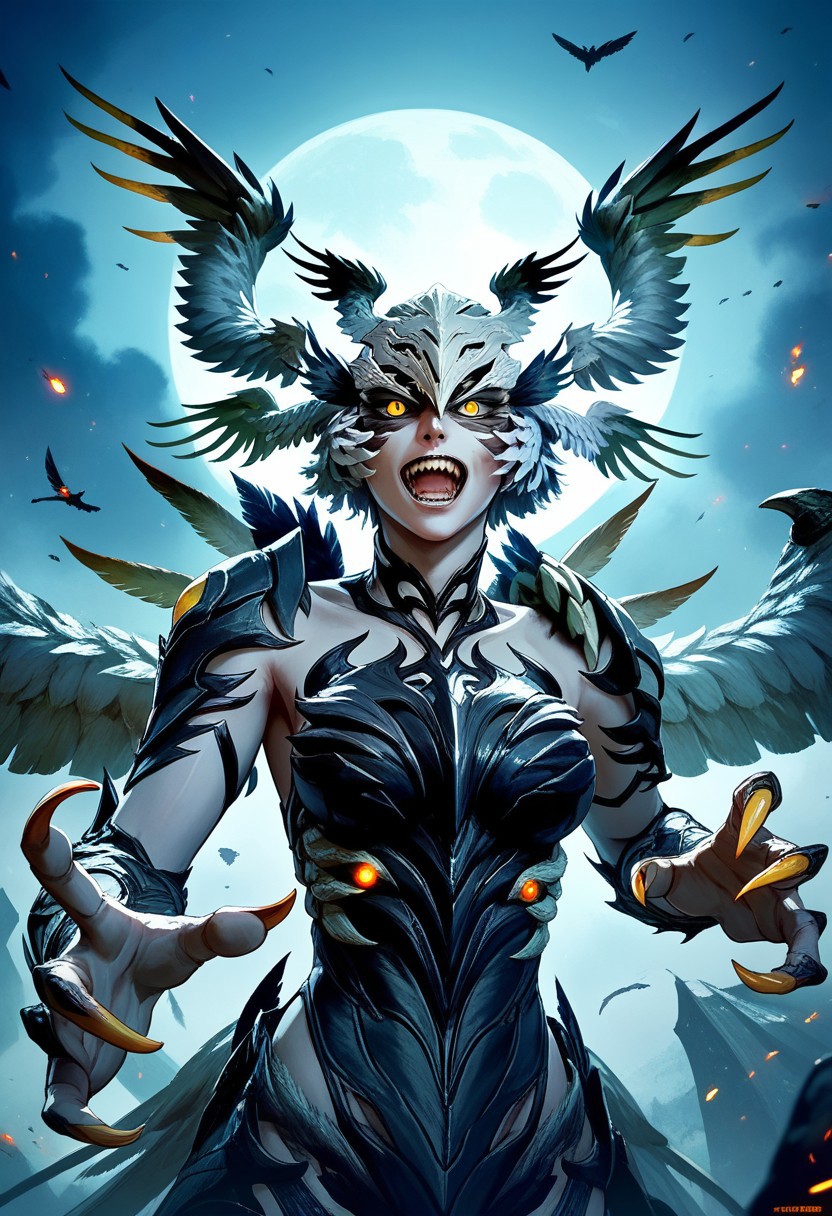 score_9,score_8_up,score_7_up,source_anime,Garuda,solo,open mouth,yellow eyes,wings,teeth,artist name,glowing,head wings,claws,