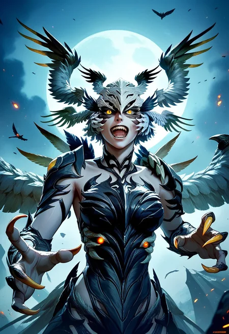 score_9,score_8_up,score_7_up,source_anime,Garuda,solo,open mouth,yellow eyes,wings,teeth,artist name,glowing,head wings,claws,
